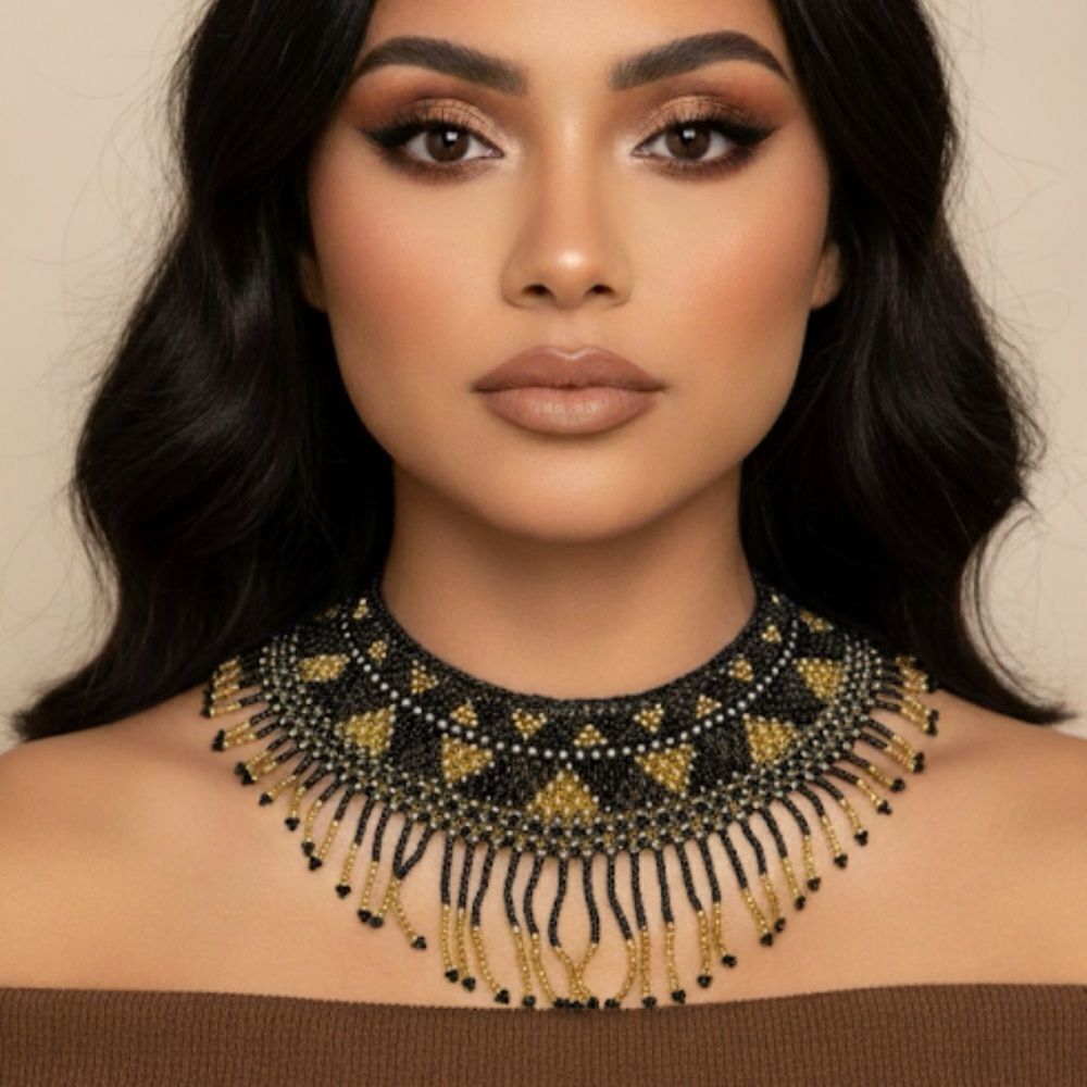 New Beautiful Handmade Black & Gold Beaded Mexican Collar Necklace